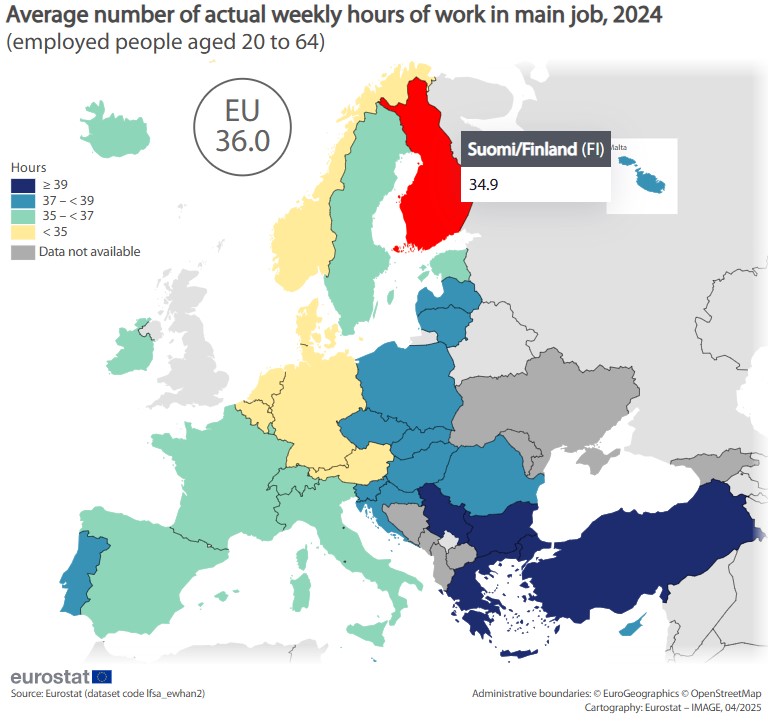 Eurostat, εβδομαδιαίες ώρες εργασίας