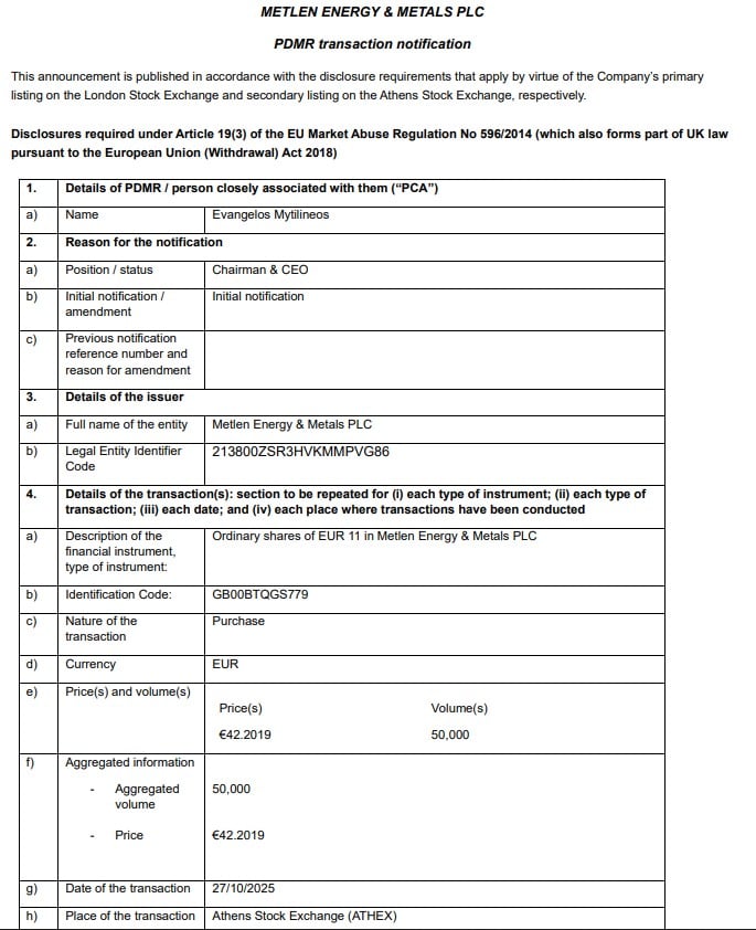 Μυτιληναίος, αγορά μετοχών Metlen