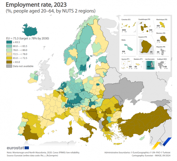 Eurostat, ποσοστό απασχόλησης, περιφέρειες ΕΕ